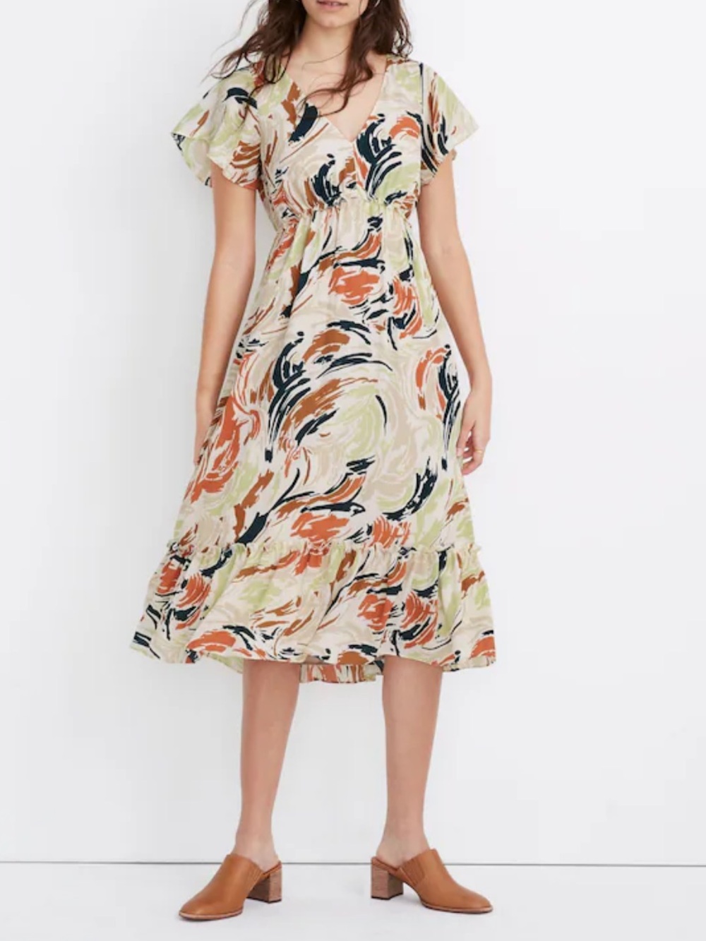 Madewell Flutter Sleeve Ruffle Waist Midi Dress in Brushing Up Print Size 6